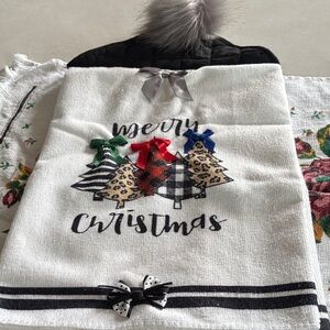 Festive Christmas Kitchen Towel Set - Red, Green, Blue bows pot holder tea towel